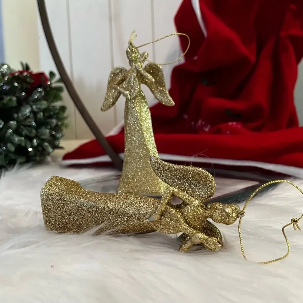 NEW Pottery Barn Angels Winged Sparkling Glitter Holiday Ornaments Set Gold NWOT